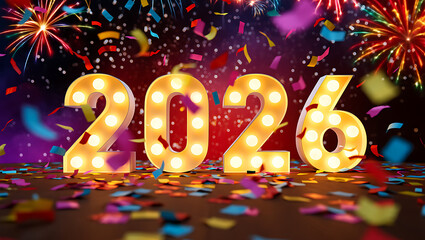 Happy new year 2026 holiday celebration card illustration with neon light text design and 3d color number