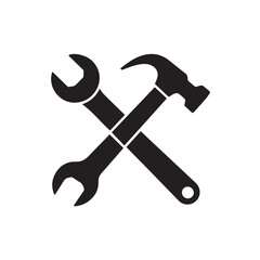 Black silhouette of a crossed wrench and hammer, isolated on white background technology background