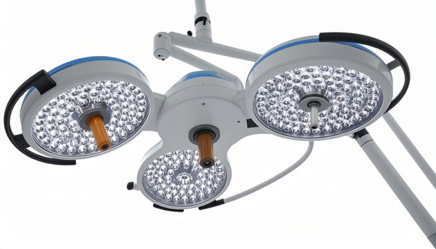 Render a surgical setup with two circular LED light fixtures on adjustable arms above a control-equipped surgical table, isolated on white background, emphasizing clinical precision and medical equipm