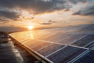 Solar panels on rooftop at sunset, energy generation concept.