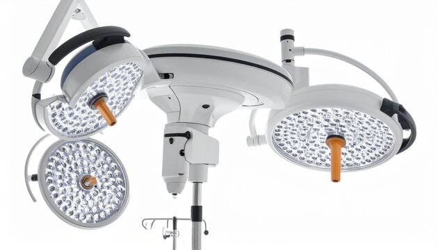 Render a surgical setup with two circular LED light fixtures on adjustable arms above a control-equipped surgical table, isolated on white background, emphasizing clinical precision and medical equipm