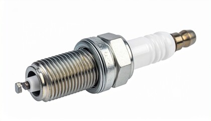Render a close-up of a spark plug with metal threaded shell, ceramic insulator, and central electrode, isolated on white background, emphasizing ignition precision and mechanical design.