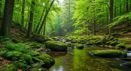 Obraz premium Green forest with calm river and mossy stones 