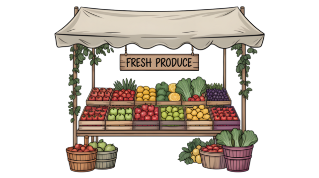Vibrant fresh produce stand bursting with colorful fruits and vegetables, perfect for healthy eating and local market themes.