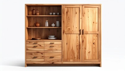 Render a rustic wooden cabinet with open doors, central shelves holding wine glasses and bowl, two drawers with metal handles, and lower cabinet doors, isolated on white background, emphasizing handcr