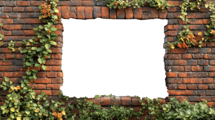 A weathered brick wall frame with vines growing around a large blank opening ready for text or any design elements, png format, isolated on transparent.