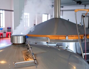Steam rising from large stainless steel brewing tanks in a modern industrial facility