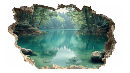 Fototapeta premium A breathtaking scenic landscape view revealing a serene turquoise lake and lush green forest emerging from a textured 3d simulated tear in the wall effect png isolated on transparent background.