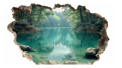 A breathtaking scenic landscape view revealing a serene turquoise lake and lush green forest emerging from a textured 3d simulated tear in the wall effect png isolated on transparent background.