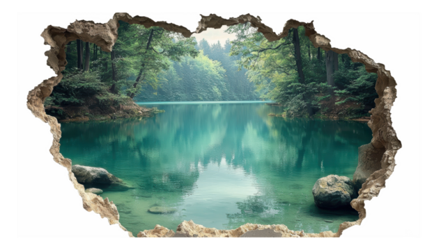 A breathtaking scenic landscape view revealing a serene turquoise lake and lush green forest emerging from a textured 3d simulated tear in the wall effect png isolated on transparent background.