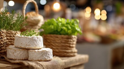 Closeup on smallbatch cheese wheels stacked with soft lighting center cheese sharply in focus while surrounding baskets and herbs remain out of focus.