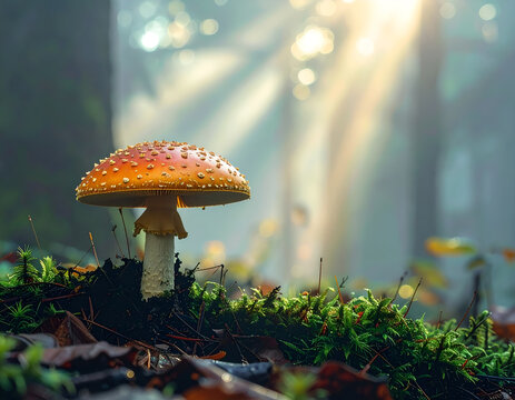 A red toadstool mushroom in a sunlit forest, with golden light rays streaming through the trees. A beautiful and enchanting woodland scene. Generative AI