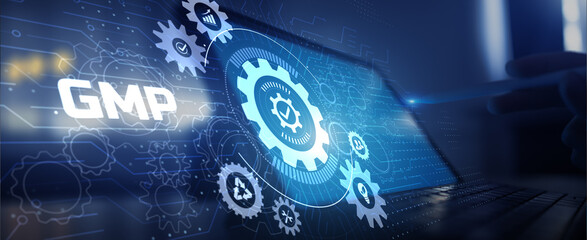 GMP Compliance and Quality Assurance in Manufacturing Illustrated with Digital Interface.