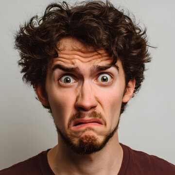 Close-up portrait of a man with a disgusted expression, furrowed brow, and wide eyes showing revulsion and shock