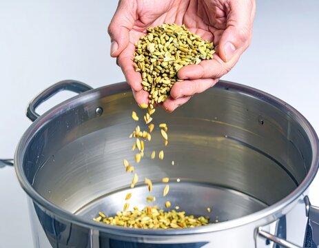 Adult hands pouring green cardamom pods into a metal pot - Powered by Adobe