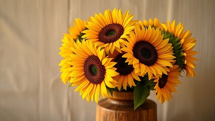 Obraz premium A vibrant sunflower arrangement in a wooden vase, radiating warmth and rustic charm under golden light.