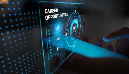 Career Opportunities and Professional Growth Interface Displayed on Digital Touchscreen with Business and Talent Development Icons.