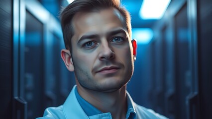 Obraz premium A technical specialist focuses intently with soft blue server room lighting.