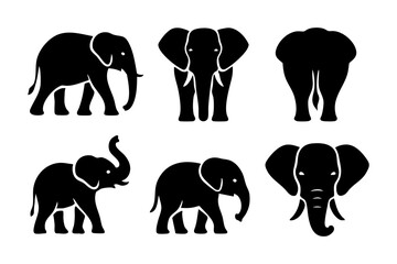 Elephant icons in black silhouette style: walking elephant, front view, back view, elephant with raised trunk, baby elephant, and elephant head.