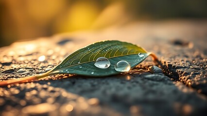 Single tea leaf with dewdrops, morning sunlight highlighting veined texture.