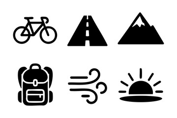 Cycling icons in black silhouette style: bicycle, road, mountain, backpack, wind, and sunrise.