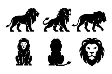 MobilLion icons in black silhouette style: standing lion, roaring lion, walking lion, sitting lion, back view, and lion head.