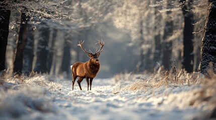 Majestic deer in a frosty winter forest
