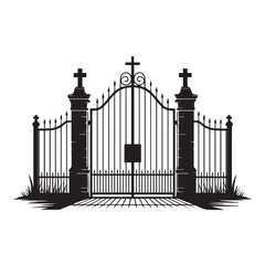 Ornate black wrought iron gate with crosses on pillars, isolated on white background technology background