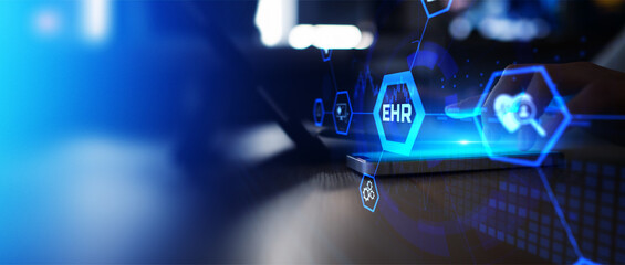 Electronic Health Records EHR System and Patient Data Access Displayed on Digital Medical Interface.