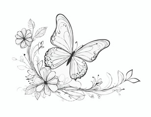 Abstract Line Art of a Butterfly with Floral Elements, Delicate and Artistic Design for Spring-Themed Invitations and Crafts.