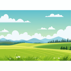 Fototapeta premium Landscape with green field and blue sky and big tree center