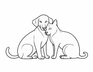 Detailed Line Art Composition of a Dog and Cat Nuzzling, Expressing Affection and Friendship, Perfect for Veterinary Clinics.