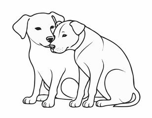 Detailed Line Art Composition of a Dog and Cat Nuzzling, Expressing Affection and Friendship, Perfect for Veterinary Clinics.