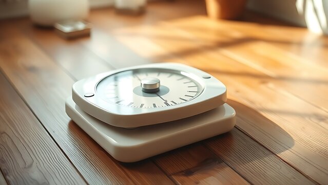 Weigh scales on wooden floor with soft morning light, representing healthy lifestyle concepts.