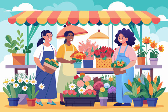 Diverse women selling flowers at a vibrant outdoor market stall illustration