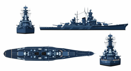 Isometric Illustration of a Battleship in Multiple Views, Naval Warfare Concept © Nofriyan