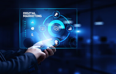 DIgital marketing online internet SEO SEM SMM. Businessman pressing button on screen.