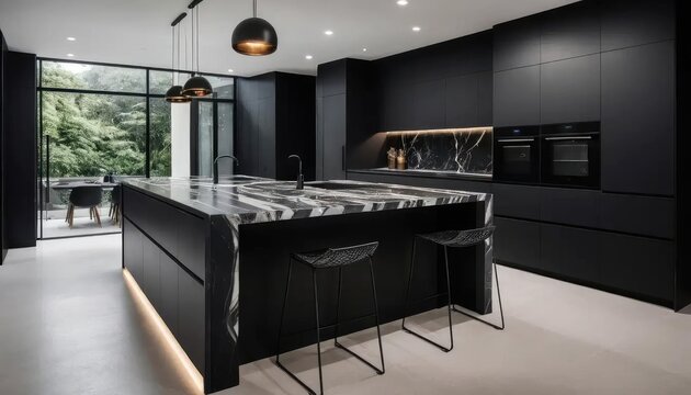 Modern, dark kitchen interior with a large island and marble countertop, showcasing sleek design elements.