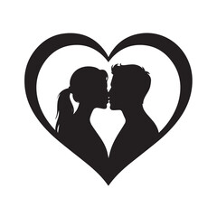 Silhouette of a couple kissing inside a heart shape, representing love and romance, isolated on white background technology background