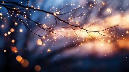 Magical winter evening scene with bare tree branches illuminated by warm glowing lights against blurred dark blue background with bokeh effect and snow falling.
