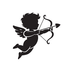 Silhouette of a cupid with bow and arrow flying, isolated on white background technology background