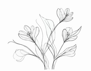 Continuous Line Drawing of Intertwined Floral Elements, Botanical Illustration with Delicate Leaves and Flowing Stems for Elegant Invitations and Feminine Branding.