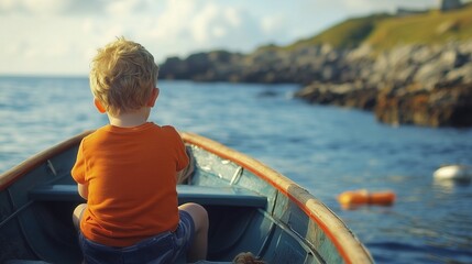 Fototapeta premium Boy in boat looking out at the ocean. Realistic summer boy fishing in video. A boat in the irish sea with a 4k raw footage aspect. A young boy in a boat gazing at lifestyle the sea.