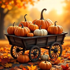 Autumn Harvest Pumpkins in Wooden Wagon with Fall Leaves at Sunset