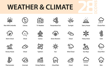 Meteorology Weather Professional Line Icon Collection. Modern minimal vector pack of premium forecast, atmosphere, and seasonal climate outline illustrations.