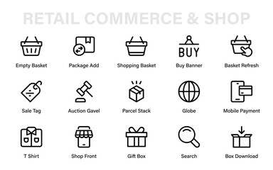 Retail commerce shopping professional line icon collection. Modern minimal vector pack with cart, price, shop, discount, and merchandise icons