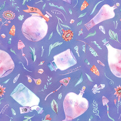 Watercolor seamless pattern with magical poison bottles, fungi, crystals and florals on violet background.