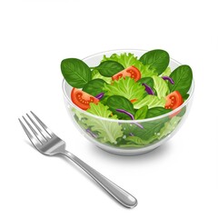 Salad in Clear Bowl with Fresh Lettuce Tomato and Fork on White Background