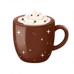 Festive Mug of Hot Cocoa Topped with Whipped Cream and Star Sprinkles on White