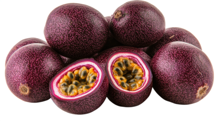 Close up shot of ripe passion fruits with one cut open revealing the pulp with seeds on a transparent png background.